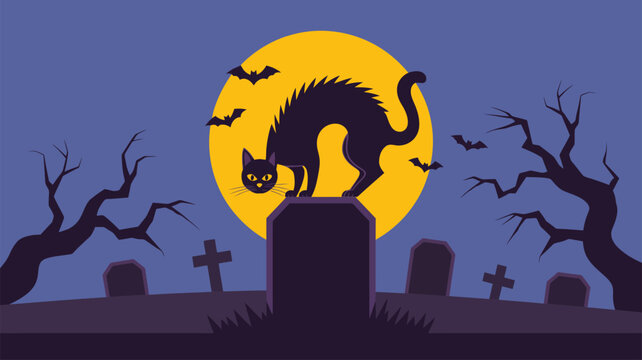 Spooky black cat with arched back on a tombstone against a glowing full moon and bats