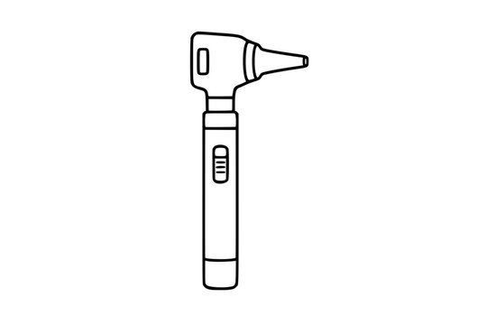 Portable otoscope vector icon in simple black line style, hand-drawn outline illustration for ear exam, audiology screening, family clinic, medical toolkit, scalable SVG design asset