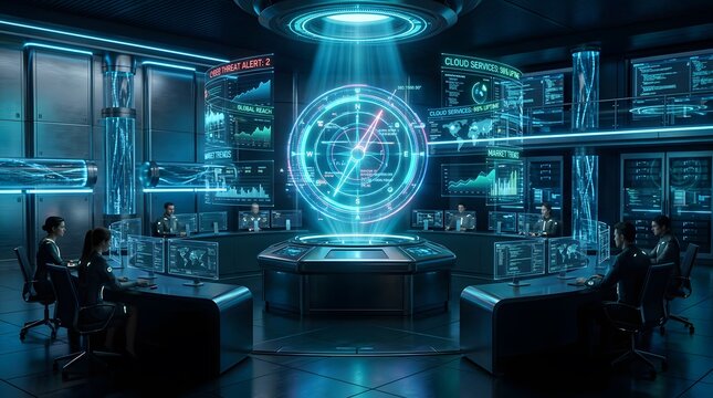 Futuristic Control Room with Glowing Hologram and Operators at Work.