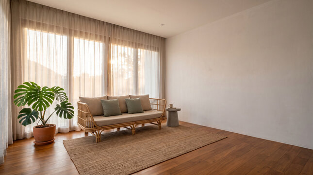 Wide Thai Modern Living Room with Rattan Sofa, Monstera Plant and Sheer Curtains in Natural Daylight