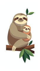 Fototapeta premium Cute Sloth Family Climbing Tree with Green Leaves and Branches