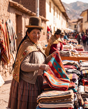 Peruvian Quechua woman in traditional dress selling colorful handwoven Andean textiles at Cusco mountain market stall, authentic local South American daily life heritage vertical lifestyle portrait