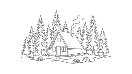 Fototapeta premium Cozy Cabin in Snowy Forest: One Line Art Illustration