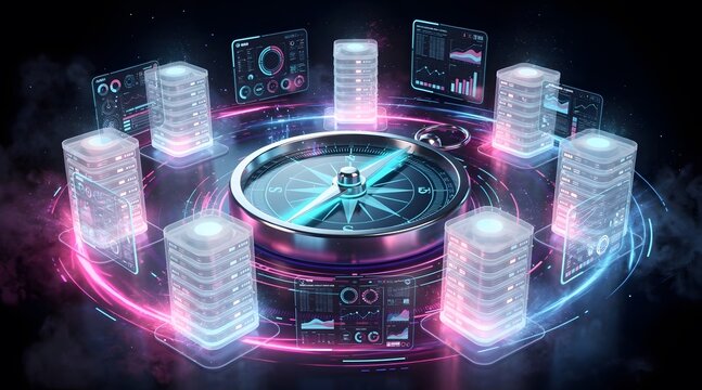 Futuristic Data Servers and Compass - A Digital Technology Concept.