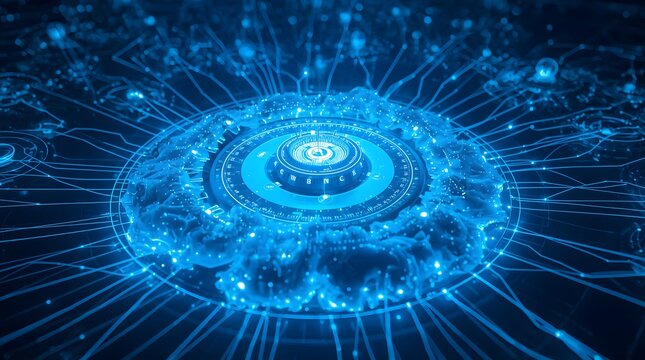 Futuristic Digital Abstract - Glowing Blue Circuitry and Data Visualization.