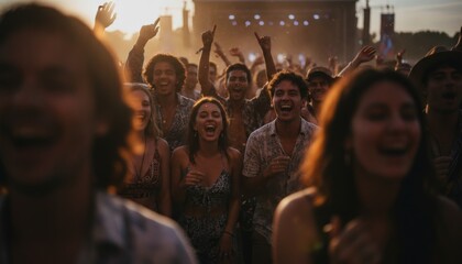 Obraz premium Excited crowd dancing at outdoor summer music festival