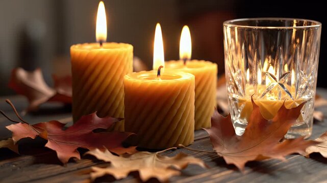 Warm, glowing candles and autumn leaves on a rustic wooden surface