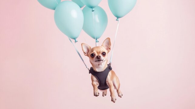 Cute chihuahua dog flying in the air with light blue balloons against a soft pastel pink background for a fun celebration concept