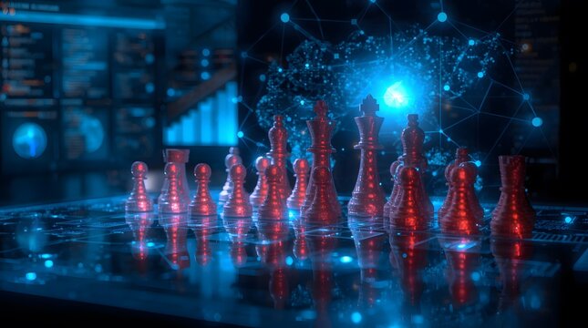 Futuristic Digital Chess Set - Strategy and Technology Intertwined in a Cybernetic World.