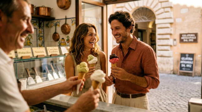 Happy young couple buying Italian gelato ice cream from a local artisan vendor on street