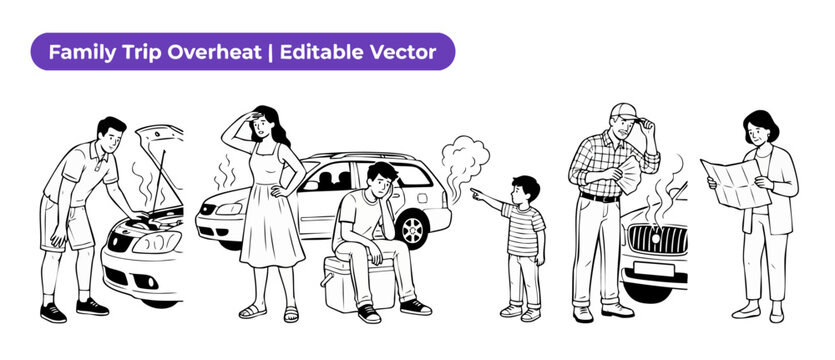 Car breakdown family road trip vector illustration set of frustrated people with overheated engine, stress and vehicle trouble during summer vacation travel, line art drawings on white background.