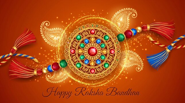 Festive raksha bandhan greeting with ornate rakhi and bokeh lights, floral patte