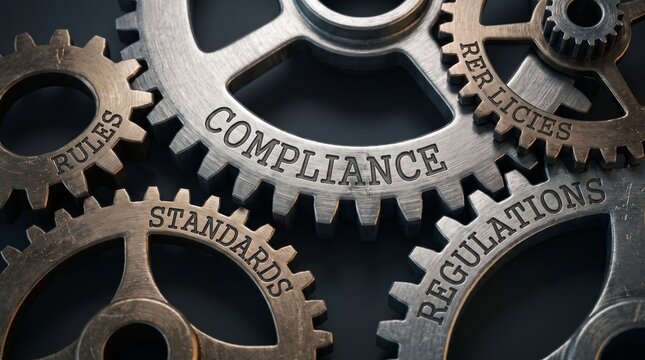AI generated interconnected metal gears representing compliance regulations policies standards governance risk management corporate control within an organized business framework