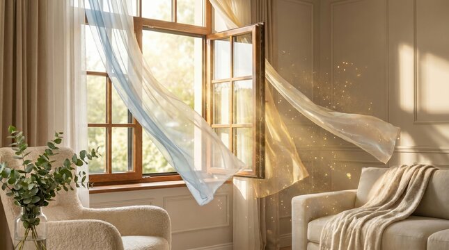 Open wooden window with flowing sheer curtains and morning sunlight in cozy living room.