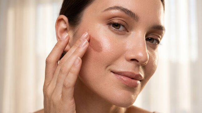Young Woman Applying Natural Skincare Foundation Cream To Cheek Skin Radiant Glow Healthy Complexion Professional Makeup Routine Beauty Portrait Isolated Against Soft Natural Sunlight, Beauty tips
