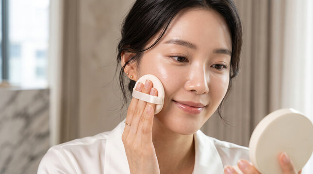 Beautiful Young Asian Woman Applying Cushion Foundation Compact Makeup On Facial Skin Looking In Handheld Mirror Natural Glow Radiant Complexion Skincare Routine Beauty Lifestyle makeup artist, cusion