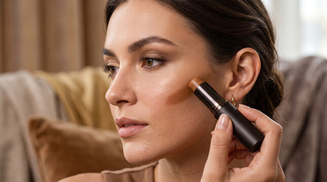 Professional Makeup Artist Applying Cream Bronzer Stick Contour On Female Model Cheekbone For Sculpted Facial Definition Glowing Skin Texture Beauty Tutorial Concept High Quality Studio Portrait Shade