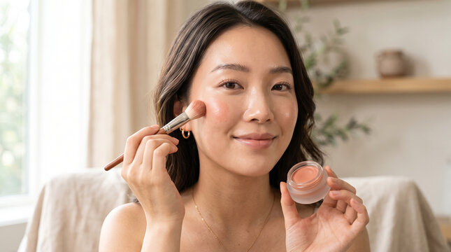 Beautiful Asian Woman Applying Cream Blush With Makeup Brush Professional Cosmetic Routine Tutorial Natural Glow Radiant Skin Care Routine Healthy Lifestyle Beauty Concept, Influencer, Daily Makeup
