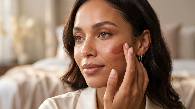 Beautiful Young Woman Applying Creamy Blush To Cheekbone Achieving Radiant Natural Glow Makeup Look Daily Skincare Routine Aesthetic Portrait Soft Lighting Morning Beauty Ritual Luxury Cosmetics Self