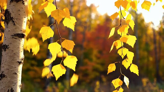 Close-up of bright yellow leaves hanging from a birch tree in autumn