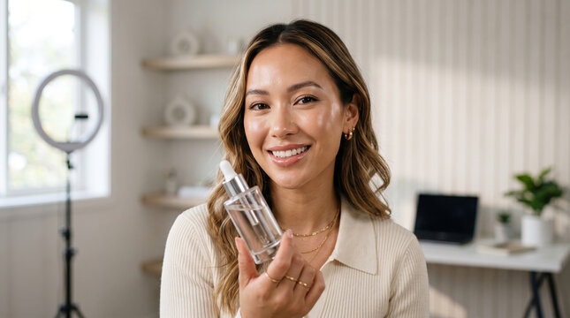 Beauty Influencer Presenting Face Serum Skincare Product For Social Media Content Creation Bright Modern Home Office Studio Setting Female Model Demonstrating Cosmetic Facial Treatment Routine Glowy