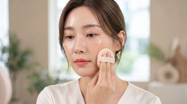 Beautiful Korean Woman Applying Foundation Cushion Compact on Face Skin Care Routine Concept Flawless Natural Makeup Application Technique Smooth Glowing Complexion Professional Cosmetic Beauty Tips