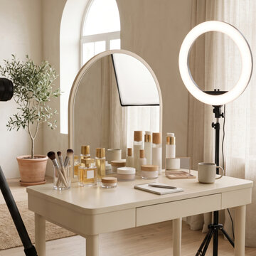 Minimalist Makeup Vanity Setup Neutral Aesthetic Interior Design Beauty Influencer Studio Space Arch Mirror Ring Light Skincare Products Cosmetics Tools Organized Desktop Desk Arrangement