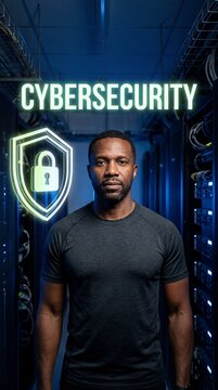 Confident middle-aged Black man standing in server room with glowing cybersecurity shield icon