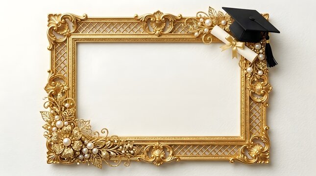 Elegant ornate gold picture frame with graduation cap and diploma isolated on white background