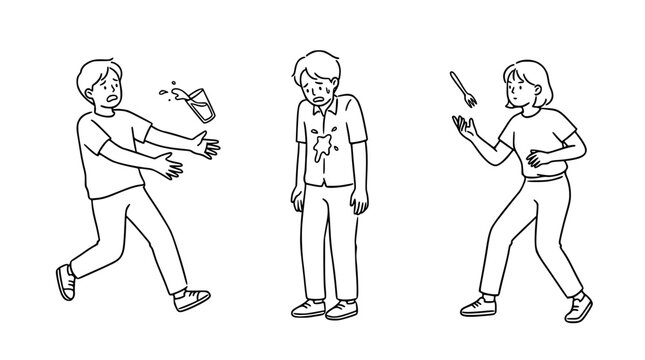 The image captures a comical scene where a drink spills on a boy's shirt, evoking surprise, embarrassment, and humor among the characters in the illustration.