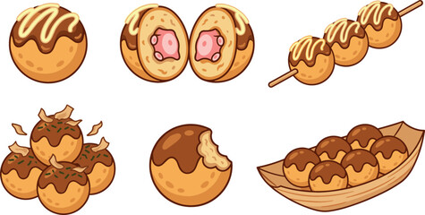 Takoyaki Japanese octopus balls cartoon vector illustration set with whole cut open skewers stacked boat plate toppings and mayo drizzle isolated on white background © MstRowshanAra