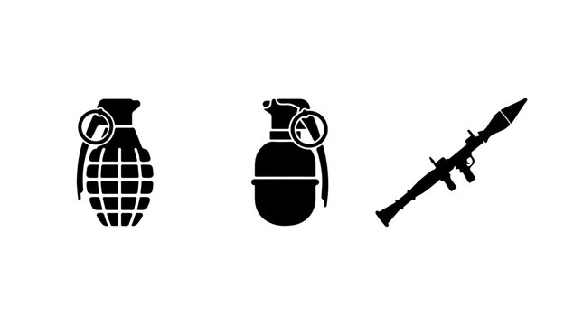 Silhouettes of three military weapons &mdash; hand grenade, stick grenade, and rocket launcher &mdash; representing explosive and projectile armaments