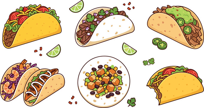 Tacos cartoon vector illustration set with Mexican street food beef steak chicken shrimp fish taco shell corn tortilla guacamole salsa toppings isolated on white background