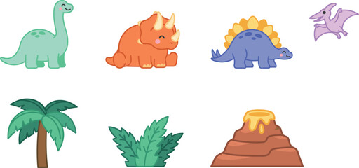 Cute Baby Dinosaur Character Set featuring Cartoon Brontosaurus, Triceratops, Stegosaurus, Pterodactyl, Palm Tree, Wild Shrub, and Volcano Icons for Kids Designs © Rownok