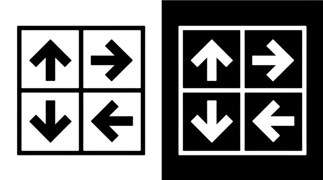 Directional arrow icons in black and white grid showing up, right, down, and left movement with inverted color contrast