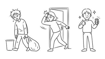 Obraz premium This illustration shows a young person feeling exhausted carrying a bag, while others express joy and energy upon returning home, reflecting resilience and recovery.
