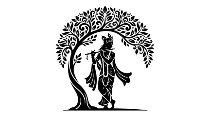 Black‑and‑white illustration of Lord Krishna playing the flute beneath a leafy tree, symbolizing peace, devotion, and divine harmony © Toqeer