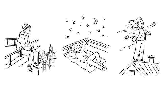 Illustrations capturing the essence of youthful reflection in urban and natural environments, portraying themes of peace, imagination, and connection to one's thoughts and surroundings.