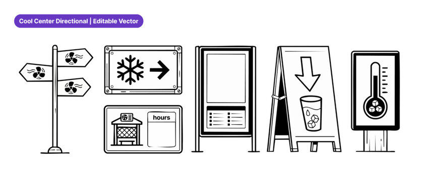 Cooling center signs vector set with directional arrows and symbols for heat relief shelter orientation, featuring line art icons of fans, ice water, cold thermometer, and information kiosks.