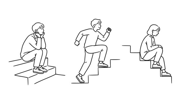 This illustration captures the stages of personal growth, emphasizing the transitions from hesitation to action through symbolic steps in life depicted by figures.