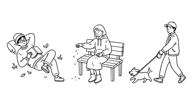 This image showcases moments of leisure and connection with nature, where individuals engage in peaceful activities with a focus on friendship and tranquility with animals.