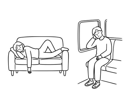 This artwork depicts moments of contemplation and relaxation, showcasing characters in restful states, either at home or in transit, emphasizing the need for pause in life.