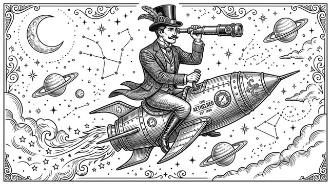 Victorian Gentleman Riding Rocketship Through Starry Cosmos