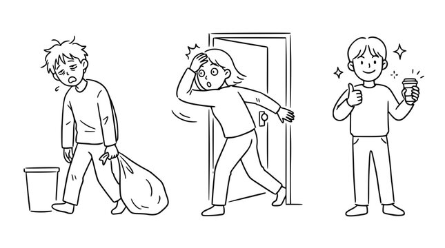 This illustration shows a young person feeling exhausted carrying a bag, while others express joy and energy upon returning home, reflecting resilience and recovery.