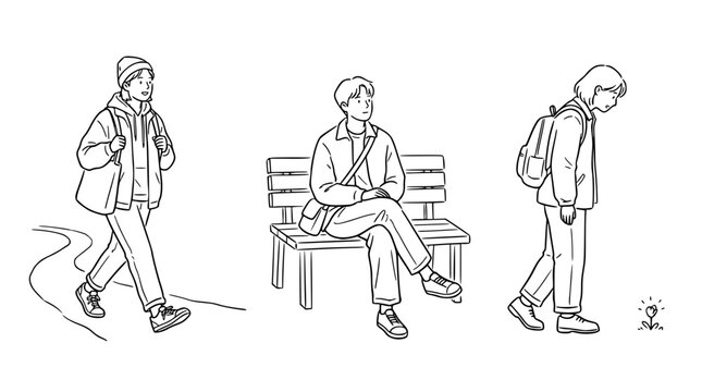This image captures reflective moments during transition, showcasing individuals in various states of movement and contemplation, suggesting a focus on the journey ahead.