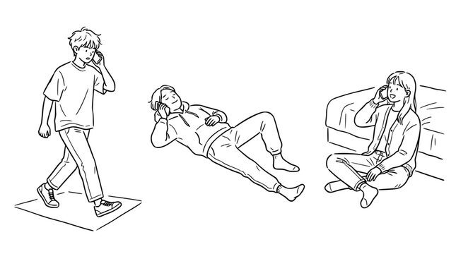 This illustration depicts young people engaging in conversations on the phone, highlighting connection and friendship in different relaxing postures, conveying warmth and dialogue.