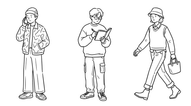 This illustration captures various young people engaged in different daily activities, from talking on the phone to walking, all portraying a blend of modern life and casual style.