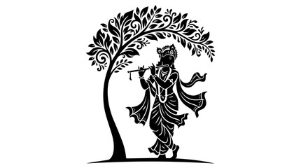 Black‑and‑white illustration of Lord Krishna playing the flute beneath a leafy tree, symbolizing peace, devotion, and divine harmony © Toqeer