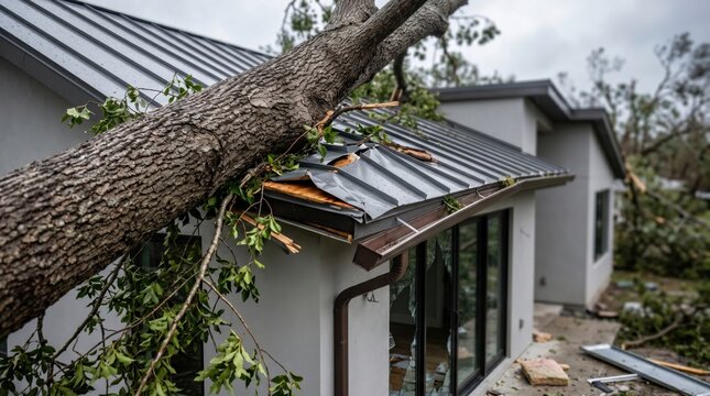 Fallen tree trunk on modern metal sheet roof of residential building with broken glass window after hurricane disaster home insurance concept