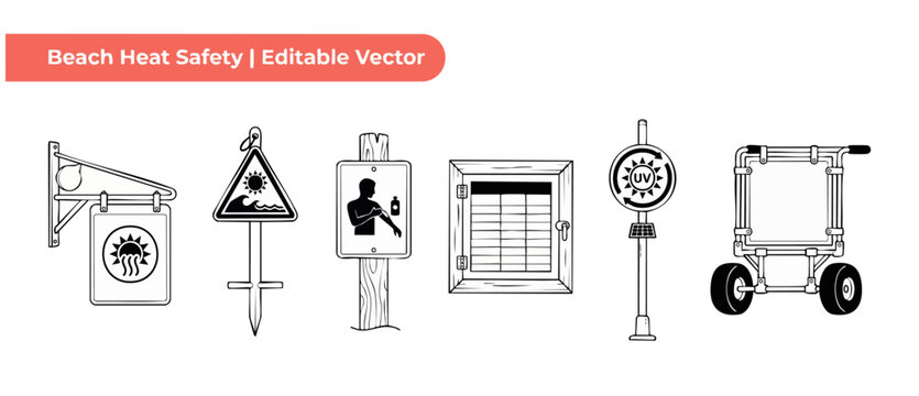 Beach sun safety line icons for summer heat warning and protection design featuring UV index sensor, sunscreen application signage, hot weather warning flags, and beach cart outline vector graphics.